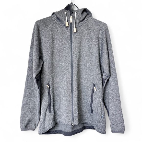 FJALLRAVEN Women Ovik‎ Fleece Hooded Jacket XL Slate Grey Full Zip Leather Trim - Picture 1 of 14